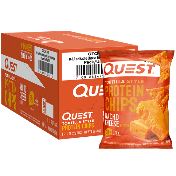 Quest Tortilla Style Protein Chips Nacho Cheese Flavor – 8 Pack (1.1 oz Each / 32g per Bag)