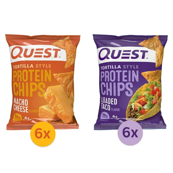 Quest Tortilla Style Protein Chips, Nacho Cheese and Loaded Taco, Variety Pack, 12 Count