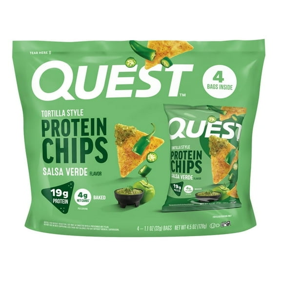 Quest Tortilla Style Protein Chips, Salsa Verde Flavored, Baked, 1.1oz, 4 Bags (2pk)