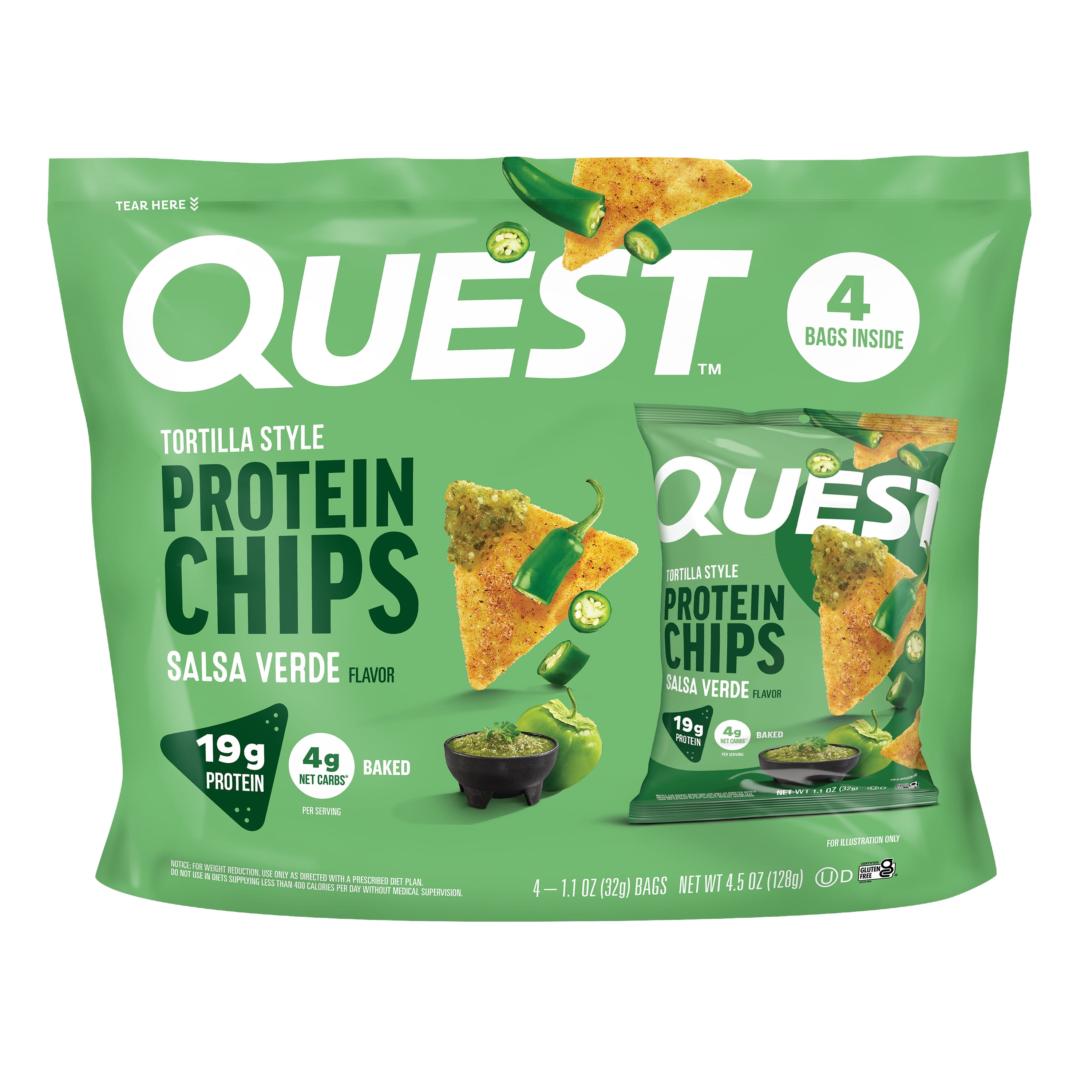 Quest Tortilla Style Protein Chips, Salsa Verde Flavored, Baked, 1.1oz, 4 Bags