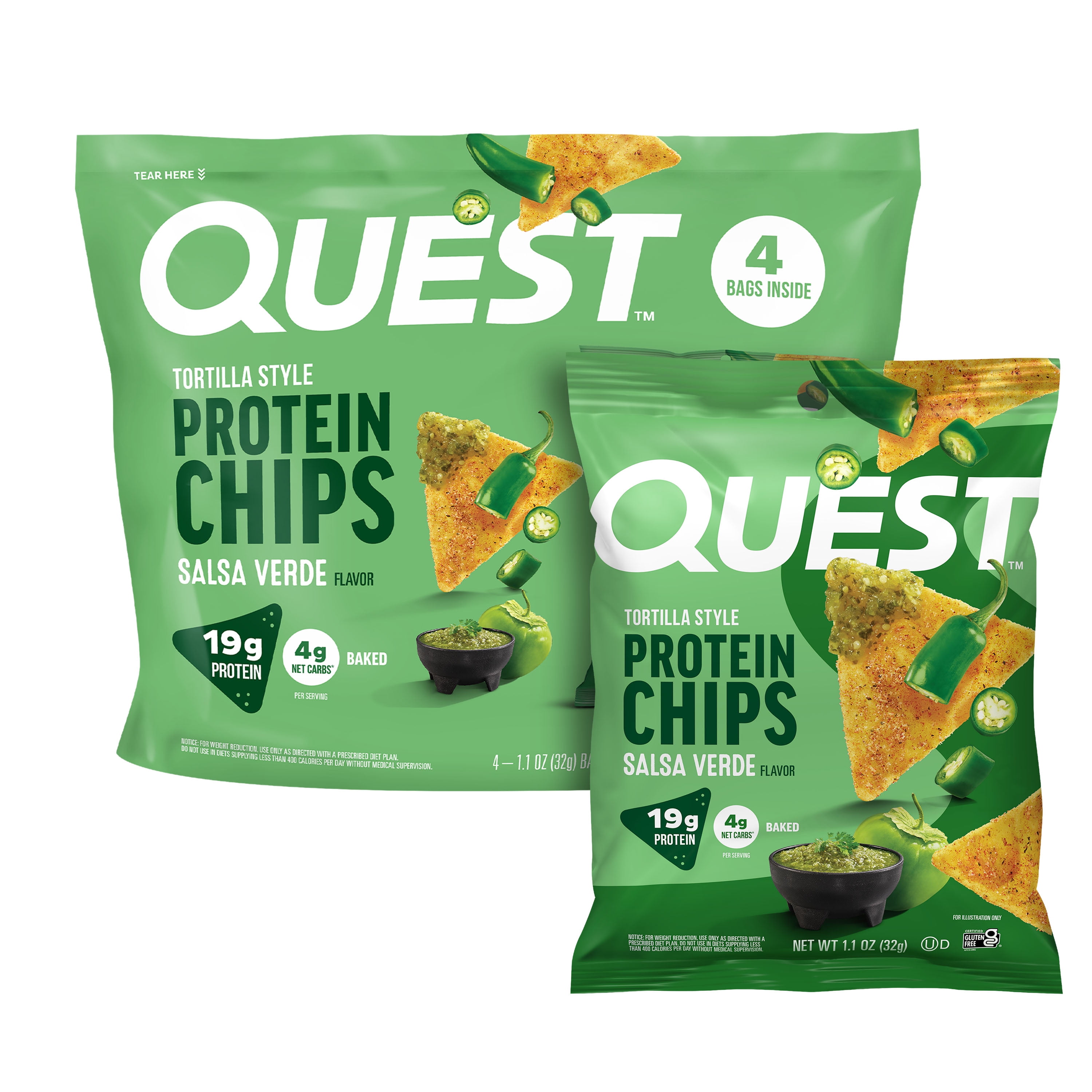 Quest Tortilla Style Protein Chips, Salsa Verde Flavored, Baked, 1.1oz, 4 Bags