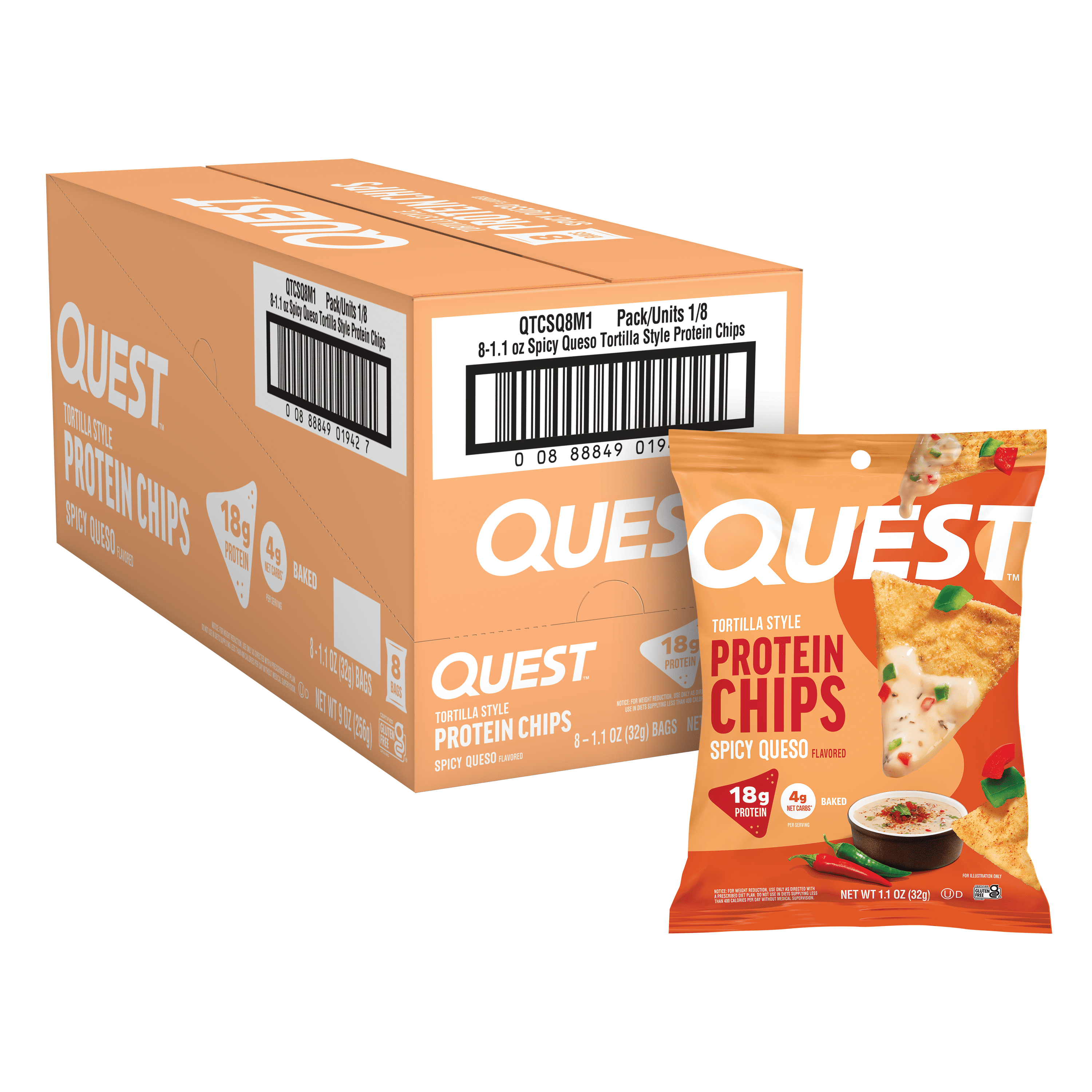 QuestTM Spicy Queso Flavored Tortilla Style Protein Chips, High Protein*, Low Carb*, Gluten Free