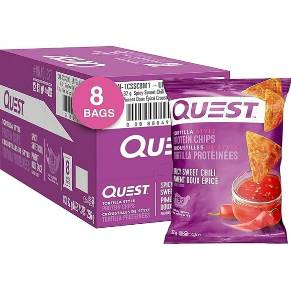 Quest Tortilla Style Protein Chips Spicy Sweet Chili Flavor 8 Count 1.1 oz (32 g) Each | High Protein Low Carb Gluten Free Snack