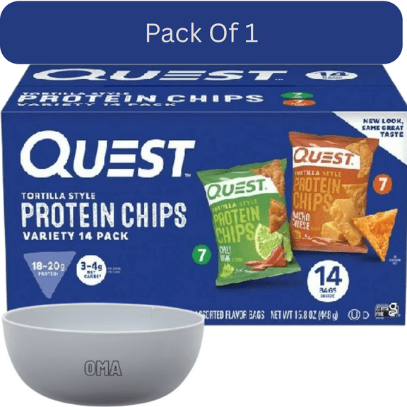 Quest Tortilla Style Protein Chips Variety Pack, Chili Lime & Nacho Cheese, 14 ct. With White Bowl By OMA