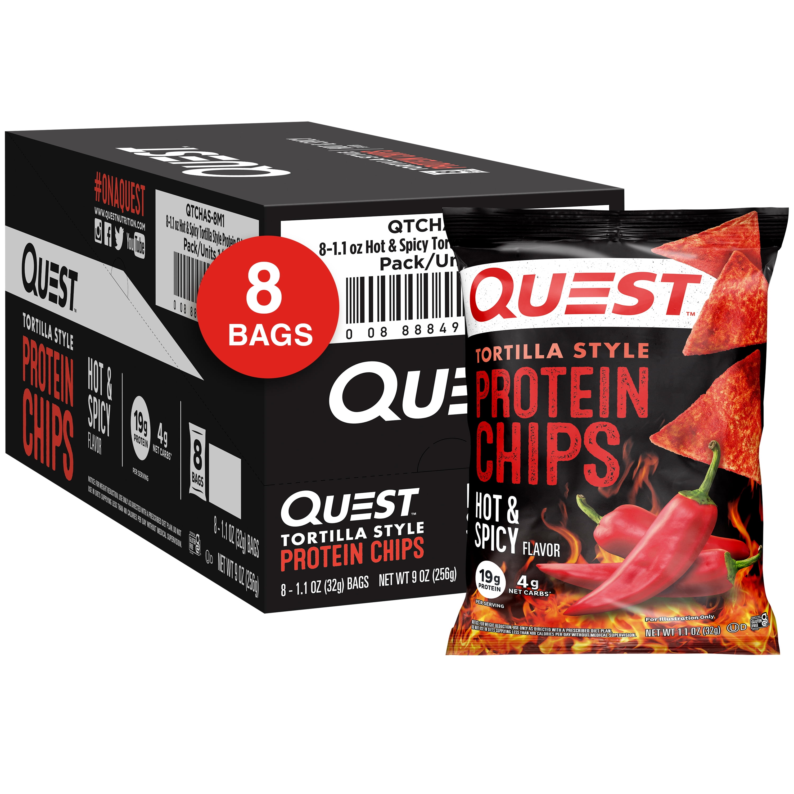 Quest Tortilla Style Protein Chips with 19g of Protein, Hot & Spicy Flavor, 1.1 Oz Bags, 8 Count