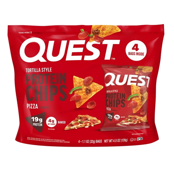 Quest Tortilla Style Protein Chips, 19g Protein, Baked, Pizza Flavor, 1.1oz Bags, 4 Count