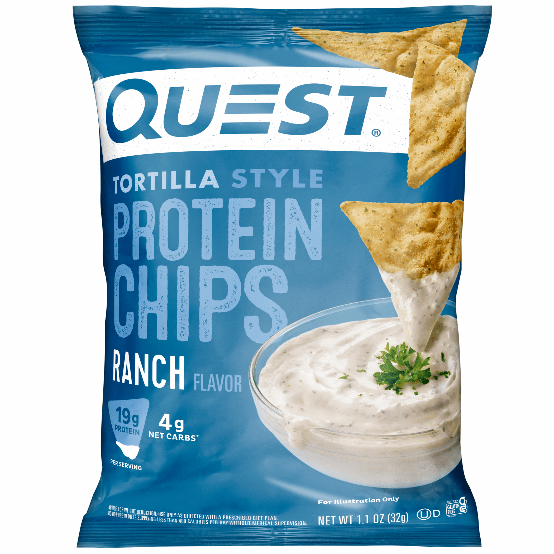 Quest Tortilla Style Protein Chips with 19g of Protein, Ranch Flavor, 1.1 Oz, Single