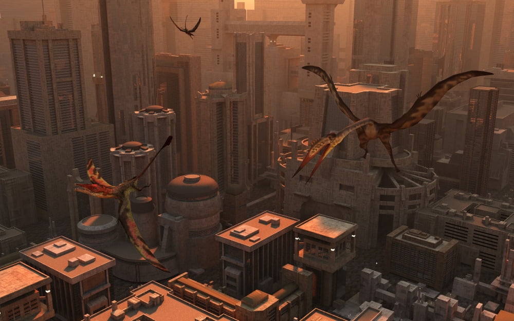 Quetzalcoatlus and Eudimorphodon pterosaurs fly through the sky above a futuristic city Canvas Art - Mark StevensonStocktrek Images (18 x 12)