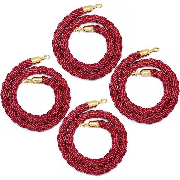 Queue Barrier Ropes,4 Pcs Red Hemp Stanchion Rope 5ft 6ft 8ft 10ft, Crowd Control Braided Twisted Ropes Gold Hook, VIP Barrier Rope for Carpet Events, Grand Openings(Red B,2m/6.6ft/79in)