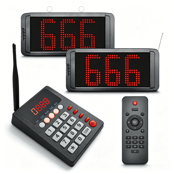 Queue Calling Pager Take A Number System - Restaurant beeper Ideal for Hospital Bank Office Waiting Line Management (1 Keypad + 2 Displays)