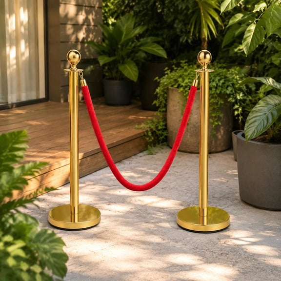 Queue Line Barriers, 4Pcs Gold Stanchion Posts with Red Velvet Rope, Stainless Steel Crowd Control Barriers