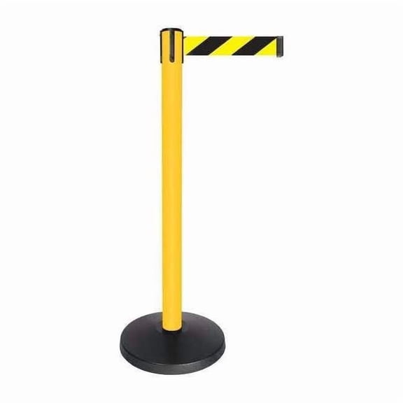 Barrier Post with Belt, Yellow, 10 ft Length, 40 in Post Height, No Legend, Powder Coated
