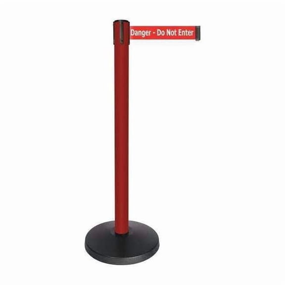 Barrier Post with Belt, Red, 10 ft Length, 40 in Post Height, Danger Do Not Enter, Powder Coated