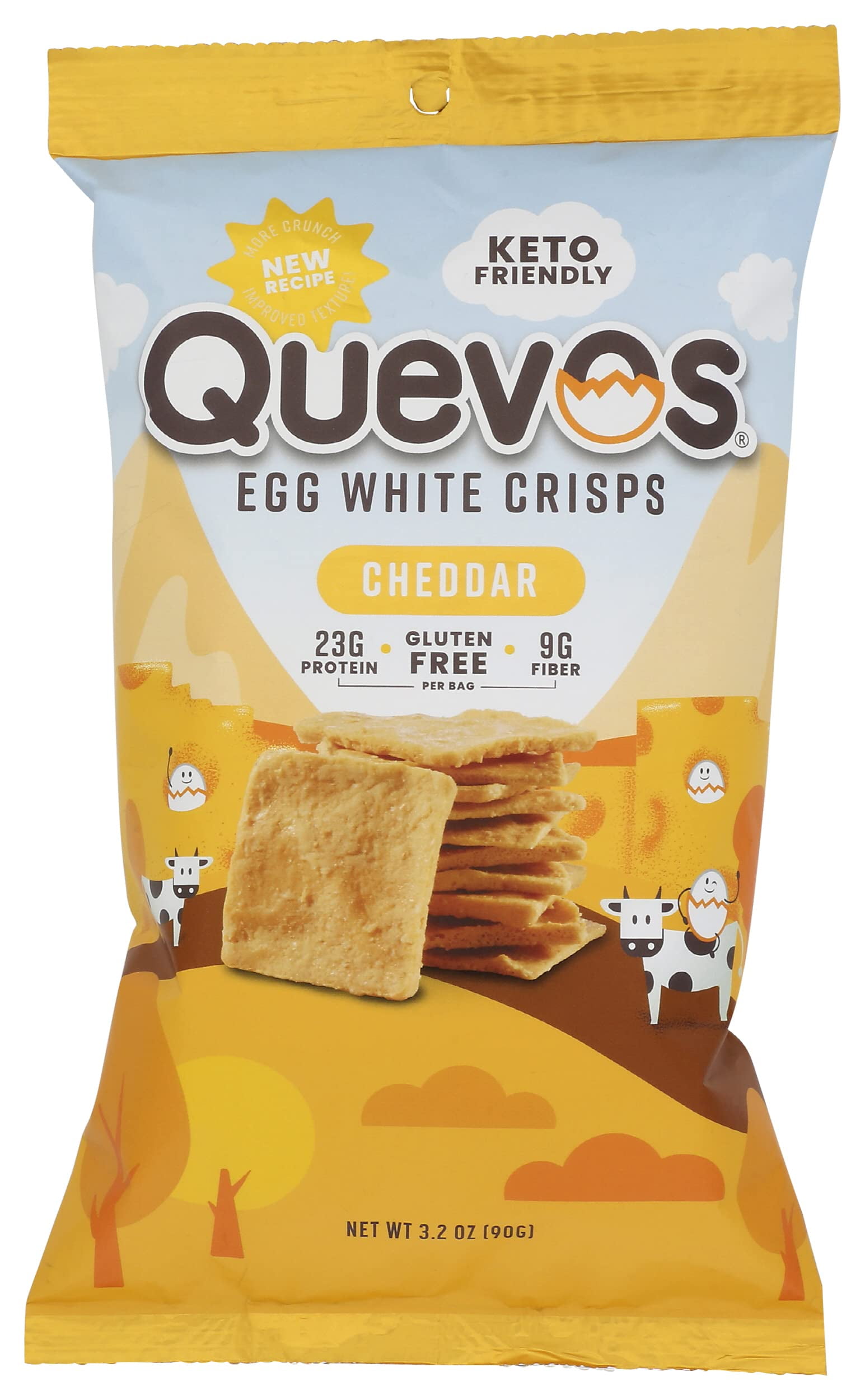 Quevos Egg White Crisps, Cheddar Flavor, 23g Protein, 9g Fiber, No Artificial Flavors or Preservatives, Keto Friendly, Gluten Free, 3.2 Ounce (Pack of 6) (3.20 Ounce (Pack of 6))