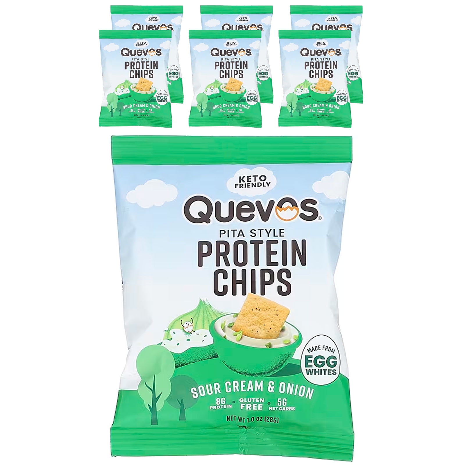 Quevos Pita Style Protein Chips, Sour Cream & Onion, 6 Bags, 1 oz (28 g