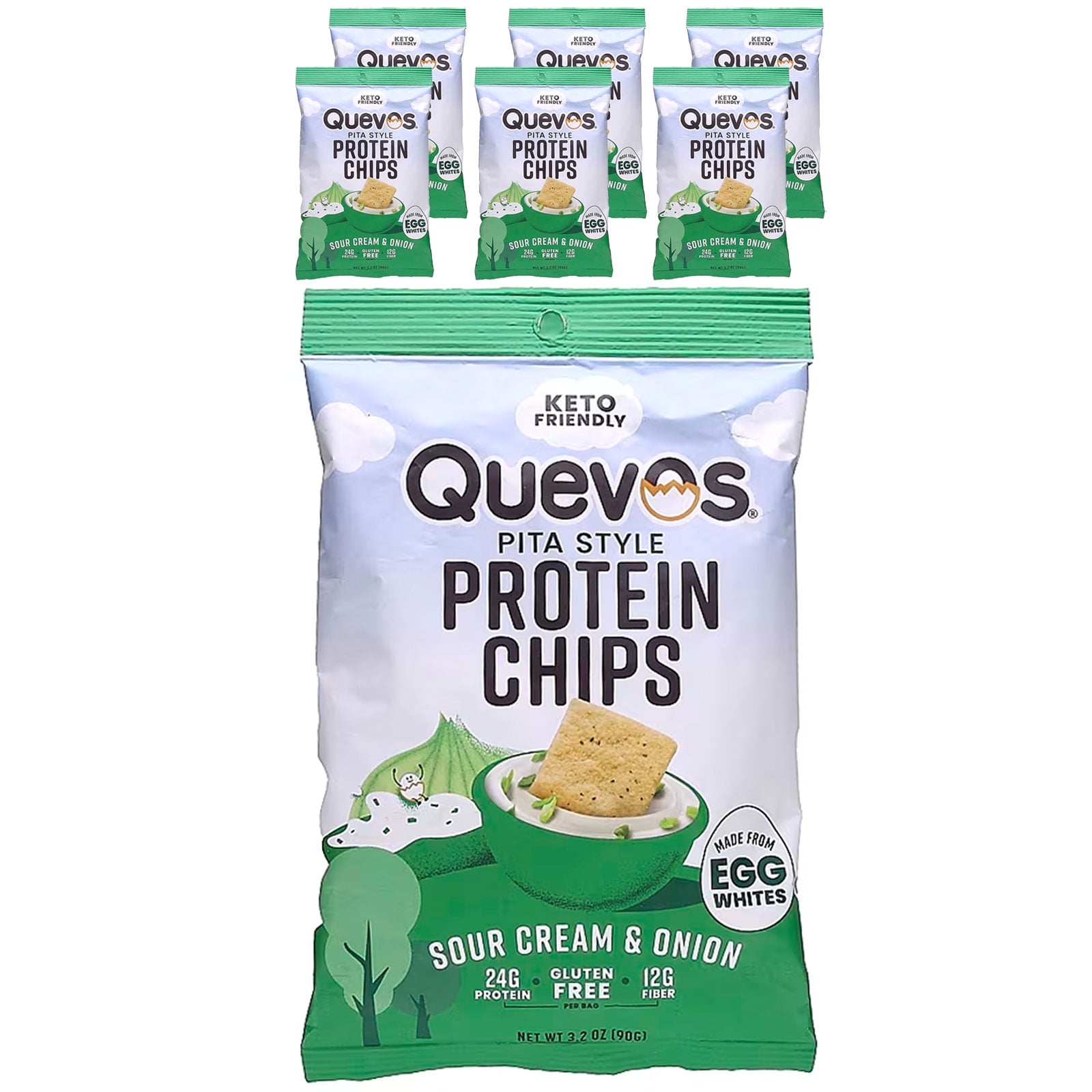 Quevos Pita Style Protein Chips, Sour Cream & Onion, 6 Family Pack Bags, 3.2 oz (90 g) Each