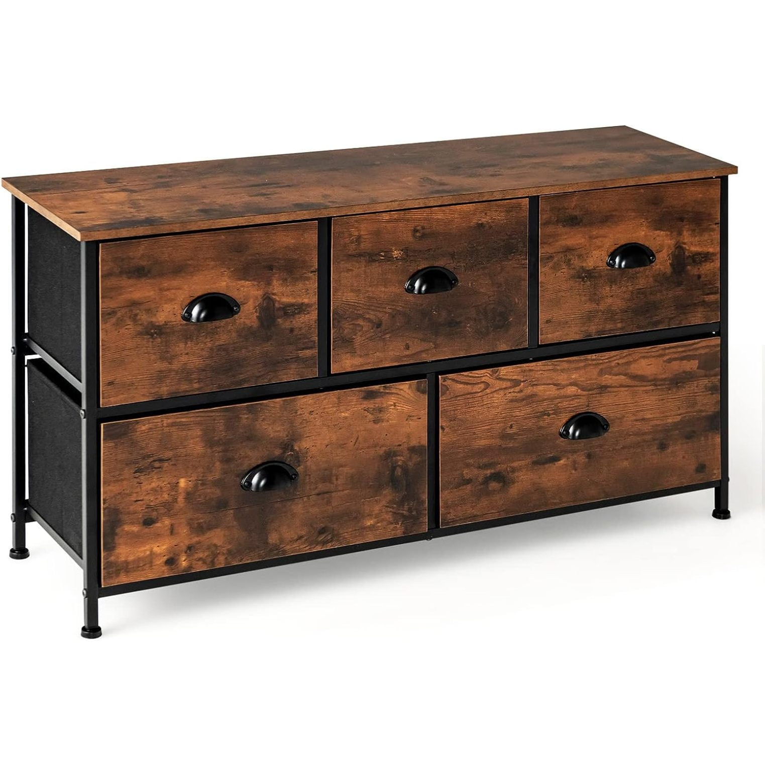 Quexis Dresser with 5 Drawers, Chest of Drawers with Adjustable Foot
