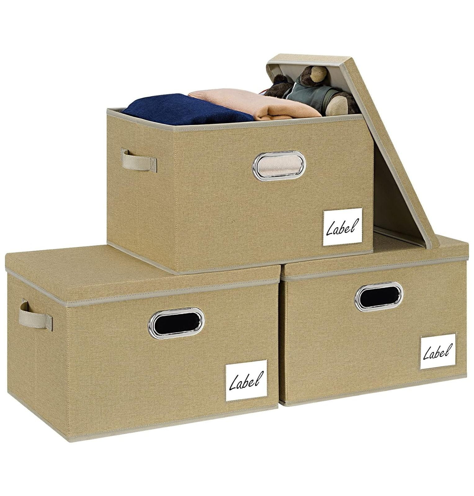 Quexis Large Foldable Storage Bins with Lids [3Pack], Linen Fabric