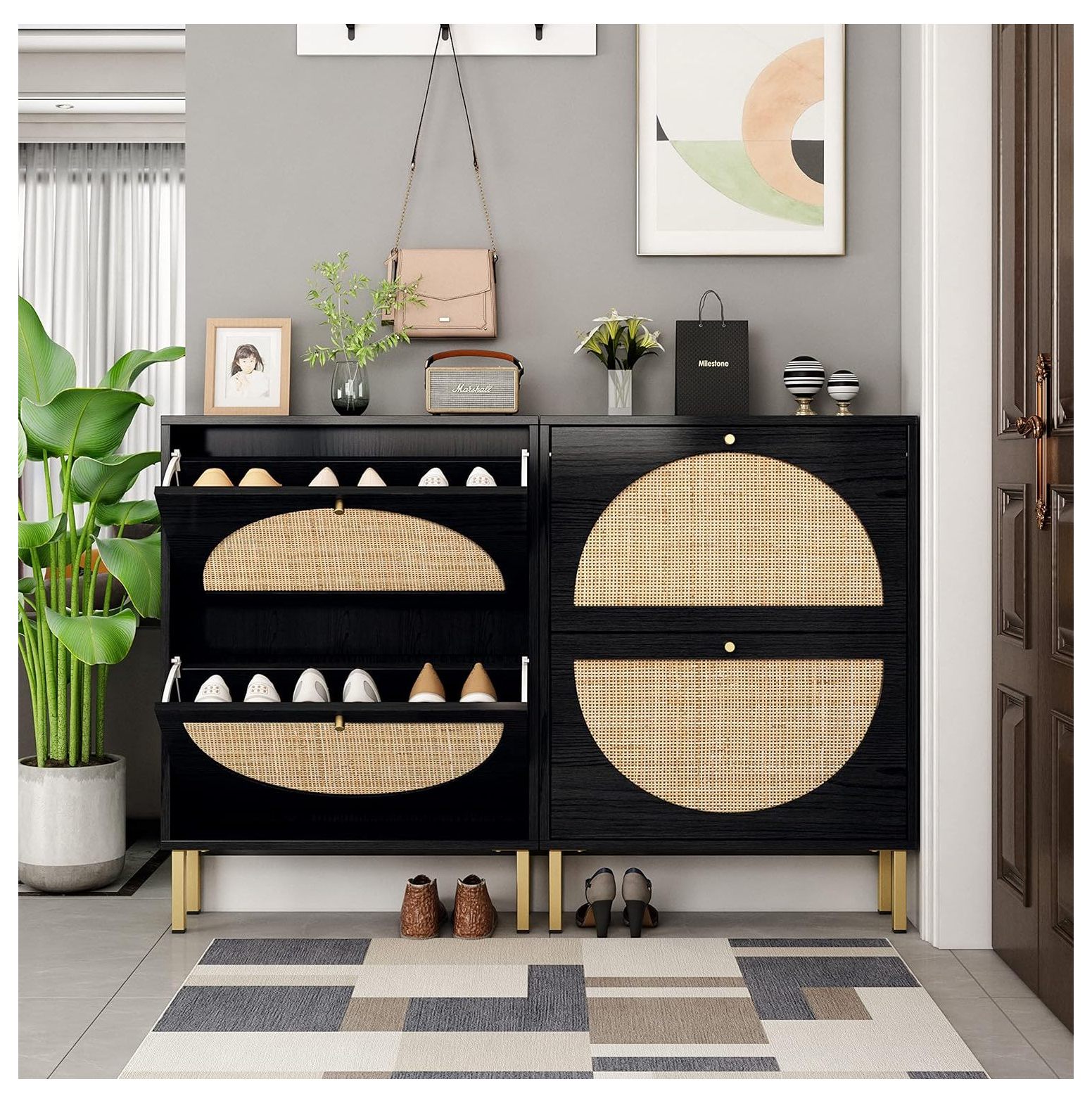 Quexis Rattan Shoe with 2 Drawers, Freestanding Rattan Shoe