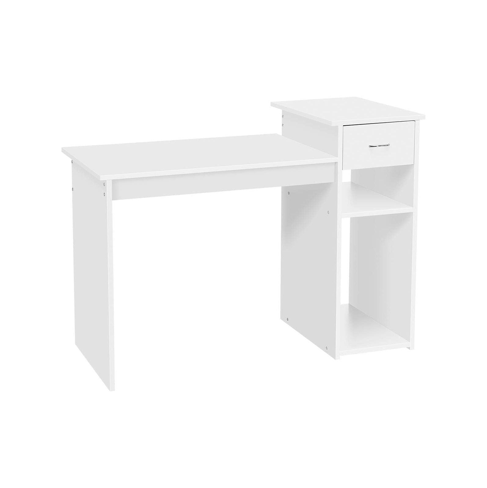 Quexis Small White Computer Desk with Drawers and Printer Shelves, Wood