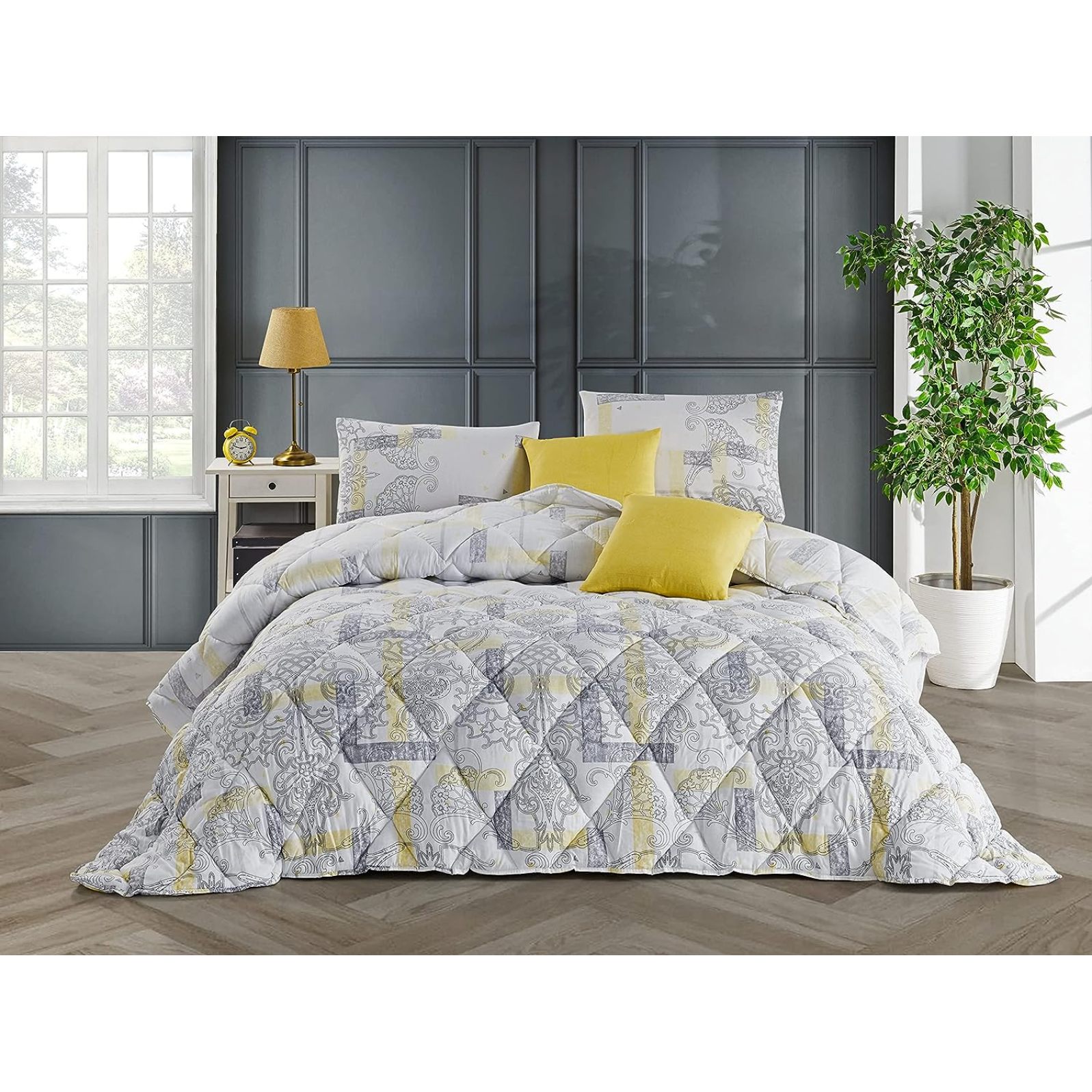 Quexis Turkish Cotton 5 PC Gray and Yellow Comforter Set Handmade