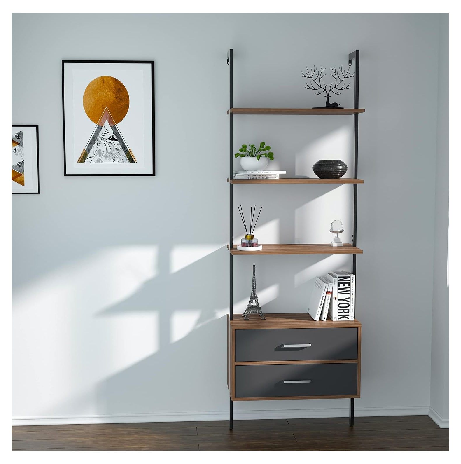 Quexis Wall Mounted Ladder Shelf, Modern 5Tier Ladder Bookshelf with