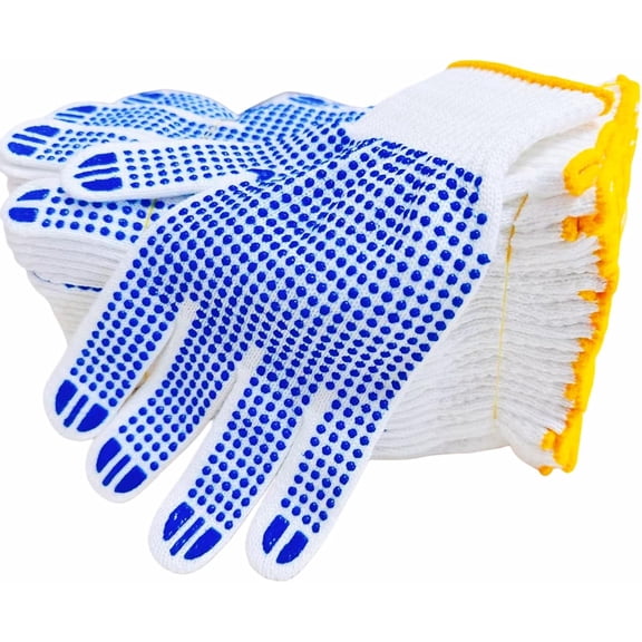Qugzegx 12 Pairs Cotton Polyester Knitted Gloves, Grip Safety Work Gloves Anti-slip Dots Bulk Gloves For Painter Mechanic Warehouse Construction Men and Women, Medium Size