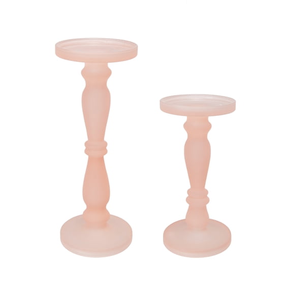 Qui 14, 11 Inch Candle Holders, Rose Pink Turned Pedestal Glass, Set of 2- Saltoro Sherpi