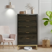 QuicMiou Fluted 5 Drawers Dresser, 48" Tall Modern Chest of Drawers with Metal Legs, Curved Profile Design, Wood Storage Drawer Organizer for Bedroom, Living Room, Hallway, Midnight Oak