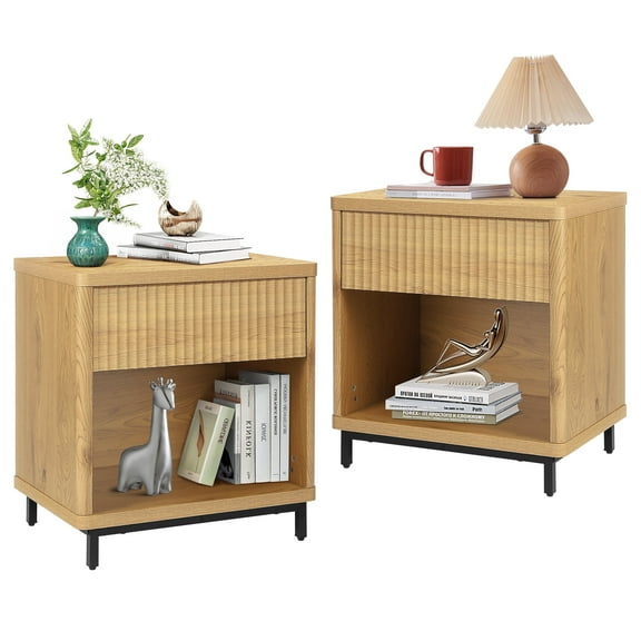 QuicMiou Fluted Night Stand Set of 2 Nightstands with Drawer Storage, Farmhouse Bed Side Table End Table with Metal Legs and Open Shelf for Small Spaces, Bedroom, Living Room , Natural Oak