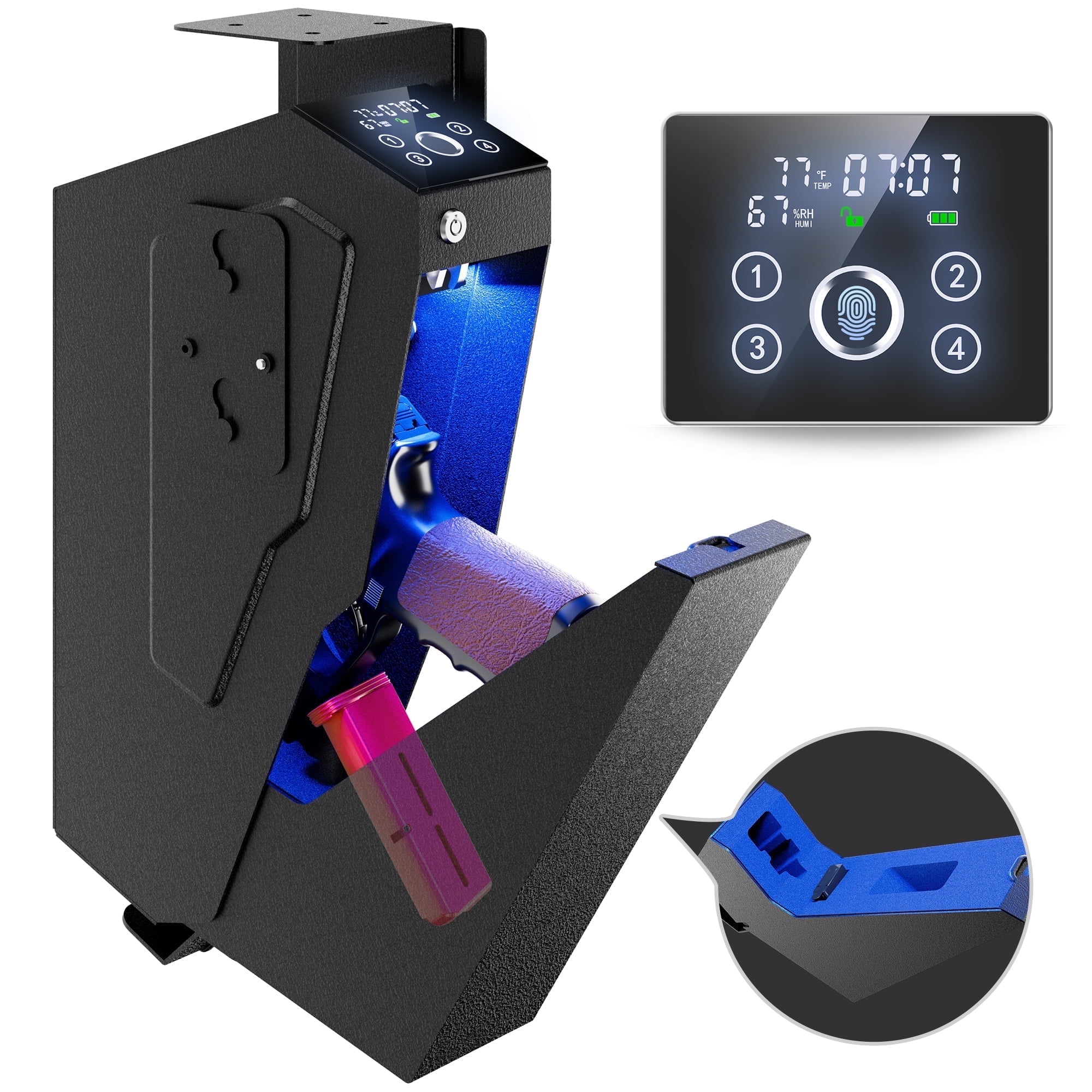 Quick Access Biometric Bedside Gun Safe for handgun, 2 in 1 Mounted Drop Down Nightstand Pistol Safe with Fingerprint & Passcode & Key 3 Ways