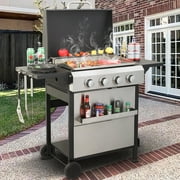 Seizeen 2-IN-1 Combo Grill for Outdoor BBQ, 4-Burner 49200BTU Gas Propane Grill & Gribble, Multifunctional Camping Grill w/17’’x23’’ Stainless Steel Plate, Foldable Side Table