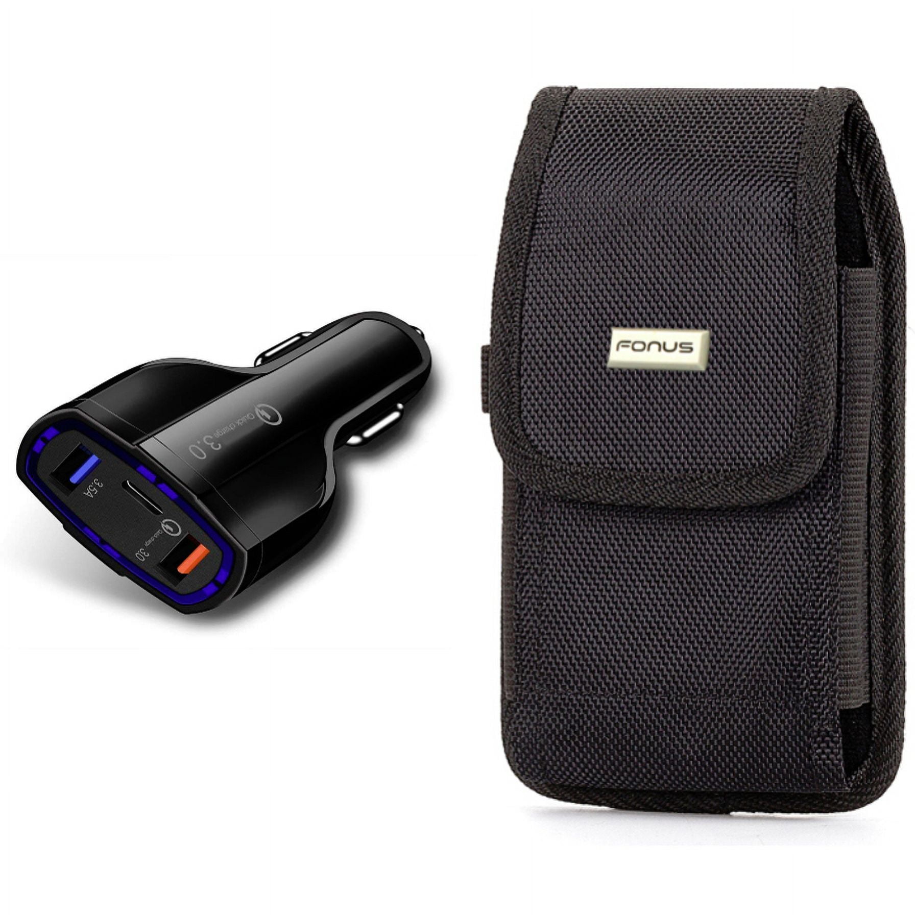 Quick Car Charger & Case Belt Clip for iPhone 15 Pro - 48W 3-Port USB Type-C Port Power and Swivel Holster Rugged Cover L9Z for iPhone 15 Pro (6.1")