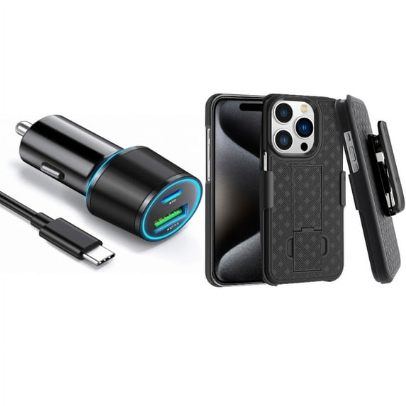 Quick Car Charger & Case Belt Clip for iPhone 15 Pro - 36W 2-Port USB Cable Type-C PD Power and Holster Swivel Cover Kickstand N5O for iPhone 15 Pro (6.1")