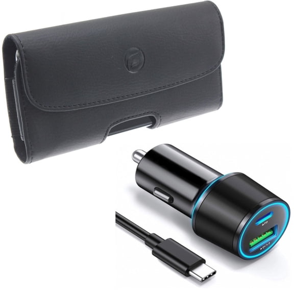 Quick Car Charger & Case Belt Clip for iPhone 15 Pro - 36W 2-Port USB Cable Type-C PD Power and Leather Holster Cover Pouch R1O for iPhone 15 Pro (6.1")