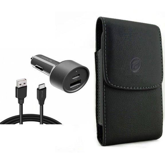 Quick Car Charger & Case Belt Clip for iPhone 15 Pro - 36W 2-Port USB Cable Type-C PD Power and Leather Holster Cover Pouch W2O for iPhone 15 Pro (6.1")