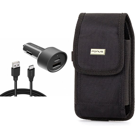 Quick Car Charger & Case Belt Clip for iPhone 15 Pro - 36W 2-Port USB Cable Type-C PD Power and Swivel Holster Rugged Cover W4O for iPhone 15 Pro (6.1")