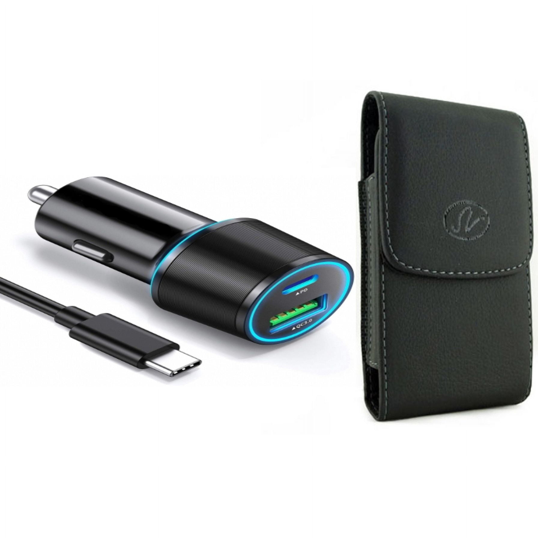 Quick Car Charger & Case Belt Clip for iPhone 15 Pro Max - 36W 2-Port USB Cable Type-C PD Power and Leather Holster Cover Pouch B2J for iPhone 15 Pro Max (6.7")