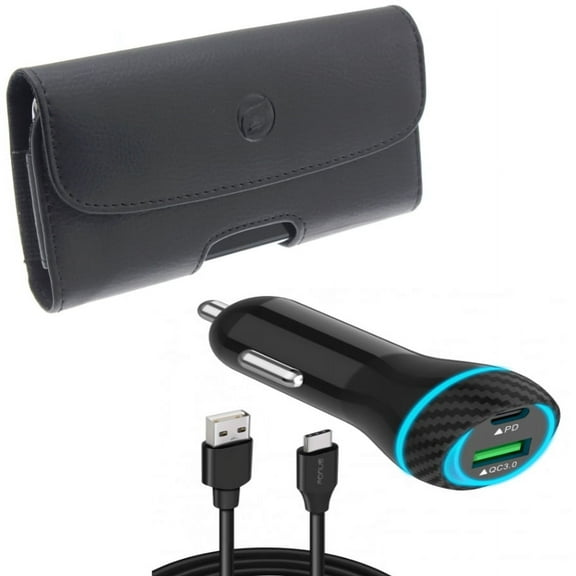 Quick Car Charger & Case Belt Clip for iPhone 15 Pro Max - 43W 2-Port USB Cable Type-C PD Power and Leather Holster Cover Loops L2Z for iPhone 15 Pro Max (6.7")