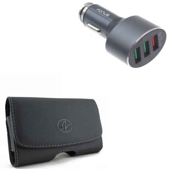 Quick Car Charger w Case Belt Clip for Samsung Galaxy S9 Plus, S8 Plus, A50/A20 Phones - 42W 3-Port USB Power Adapter DC Socket Fast, Leather Swivel Holster Loops Cover Pouch