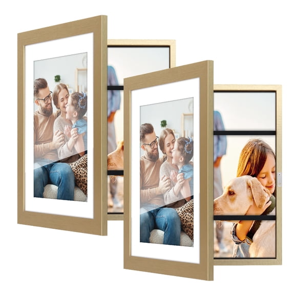 Quick Change 8x10 Photo Storage Display Frame ,2 Pack Front Open Wall Or Tabletop Storage Wood Frame , Gold