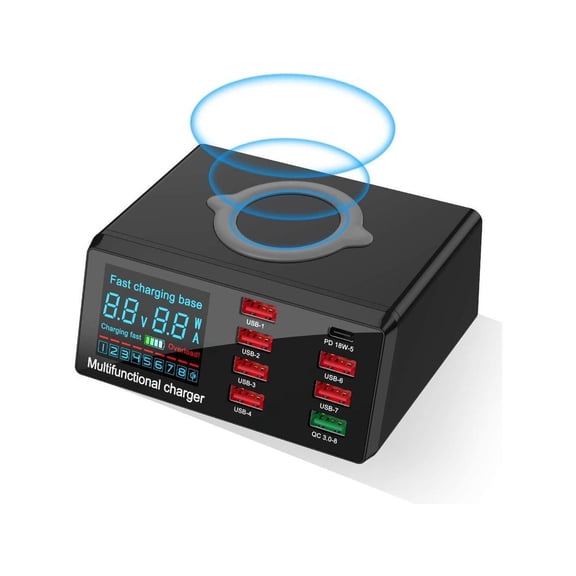 Quick Charge 3.0 8-Port USB Fast Charger,100W c Fast Charging Station Compatible with All Phone and ipad,QC 3.0 and PD Fast Charger, 10W Max Fast Wireless Charging