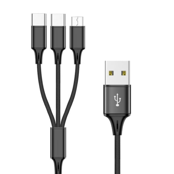 Quick Charging USB to 2xType-C & 1xMicro USB Cable Cord Power Supply Line Nylon Braided Wire Black