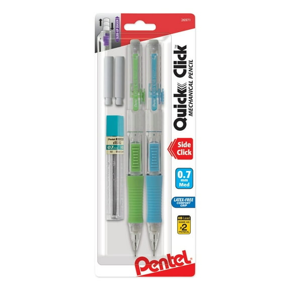 Pentel PD217LEBP2 QUICK CLICK 0.7 millimeter HB (#2) Mechanical Pencils with Tube of Lead/Erasers - Black Lead/Assorted Barrel Colors (2/Pack)