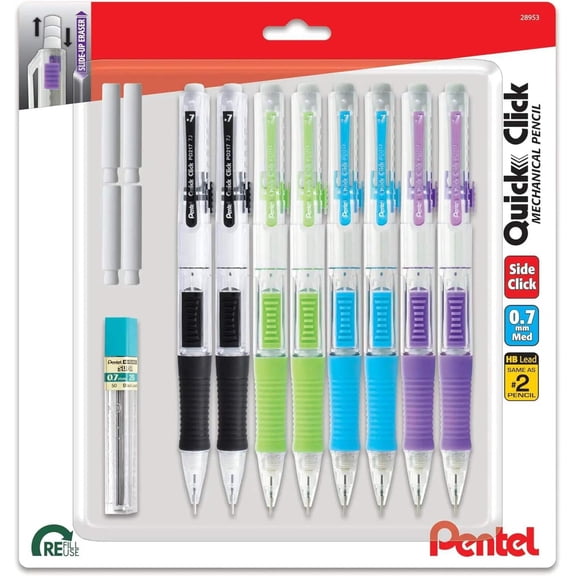 Pentel Quick Click Mechanical Pencil, 0.7mm, Plus Lead and Eraser, 8-pk