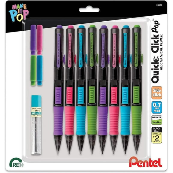 Pentel Quick Click Pop Mechanical Pencil, 0.7mm, Plus Lead and Eraser, 8-pk