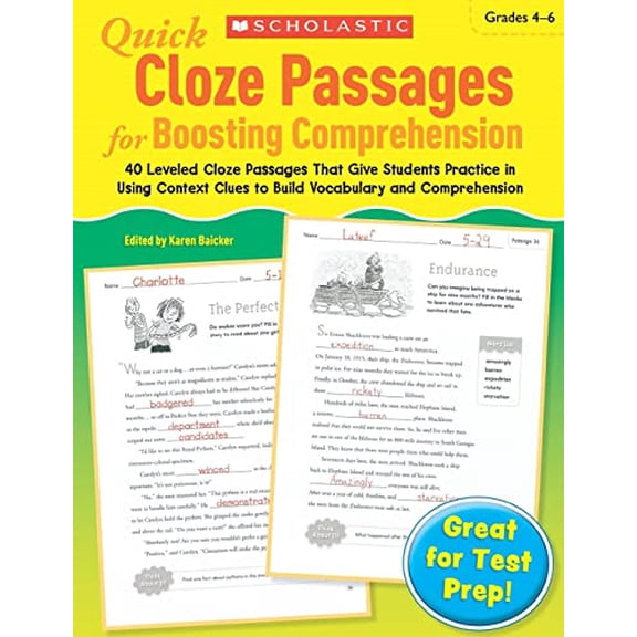 Pre-Owned Quick Cloze Passages for Boosting Comprehension: Grades 4-6: 40 Leveled Cloze Passages That Give Students Practice in Using Context Clues to Build Voc (Paperback) 0545301106 9780545301107