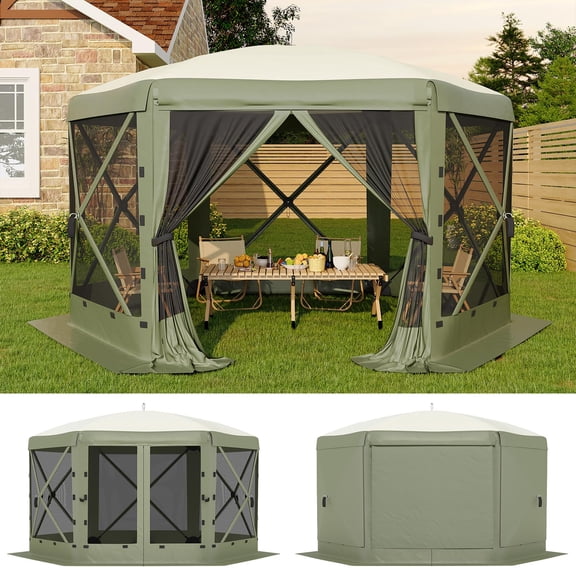 Quick Collapsible Gazebo Tent 11.5x11.5FT, 6 Mesh & Removable Wind Panels, Outdoor Canopy Shelter for Camping, Patio, Backyard, Parties, Easy Setup - Army Green