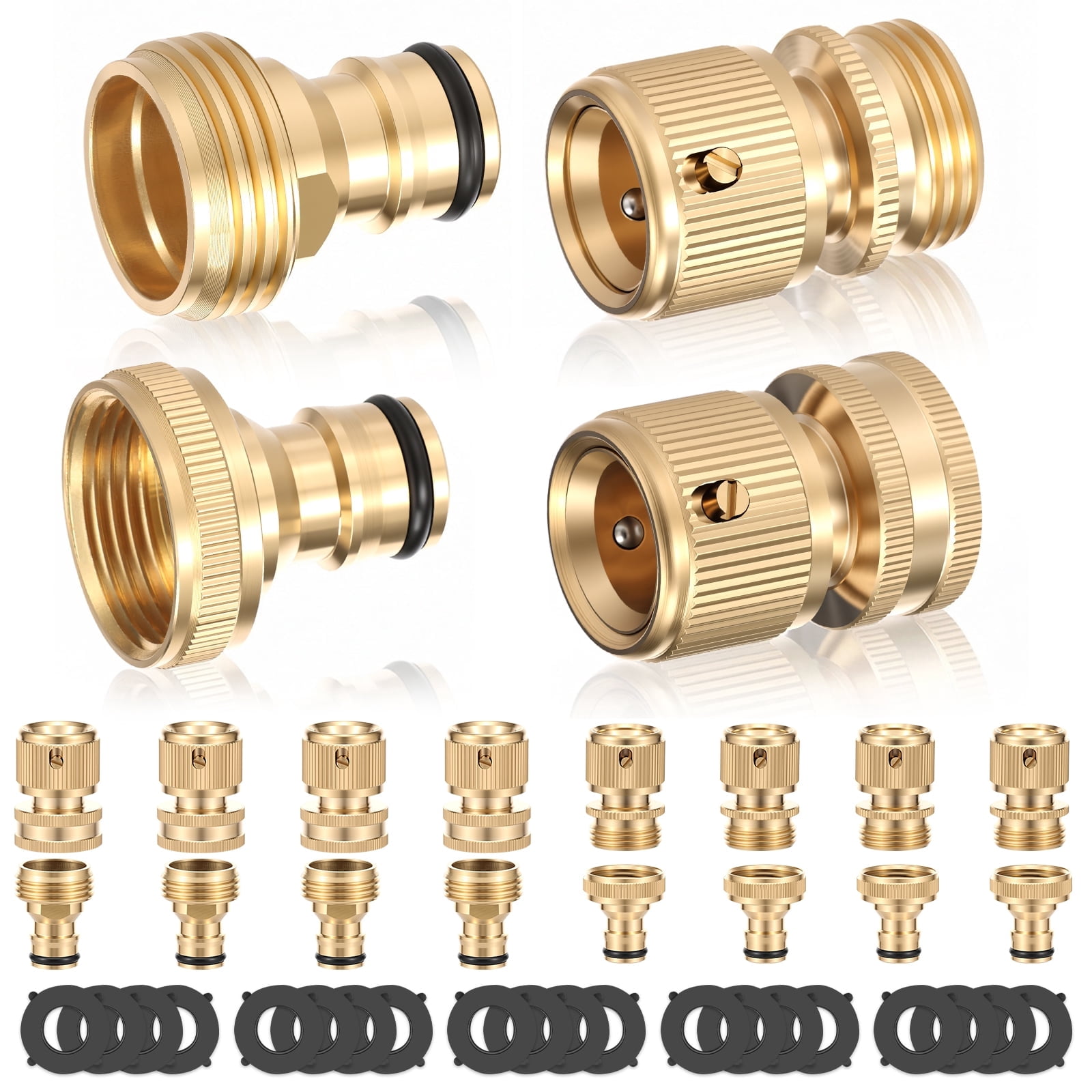 20 Pcs Garden Hose Quick Connect Fittings, Solid Brass 3/4" GHT Hose Connectors, Heavy Duty Quick Disconnect Adapter Set with 20 Washers for Faucets, Sprinklers and Nozzles, Leak-Proof & Rustproof