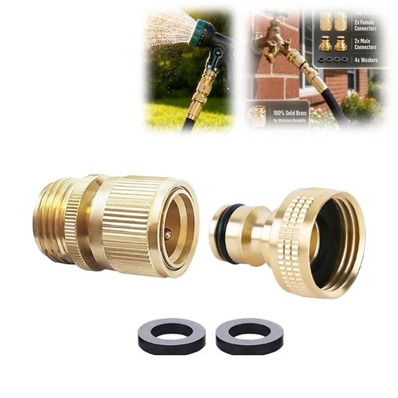 Quick Connect Hose Fittings, Brass Garden Hose Quick Connect Kit, 3/4" GHT Solid Brass Set, Heavy Duty 200 PSI Quick Release Coupling(1PC Male Coupling 1PC Female Nipple)
